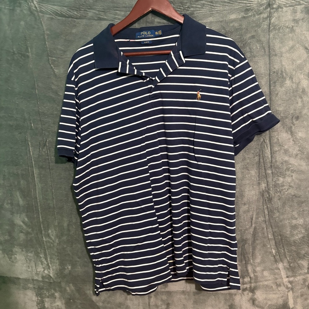 Polo Ralph Lauren Shirt Mens XXL Slim Fit Flesh Pony Blue Stripe Short Sleeve